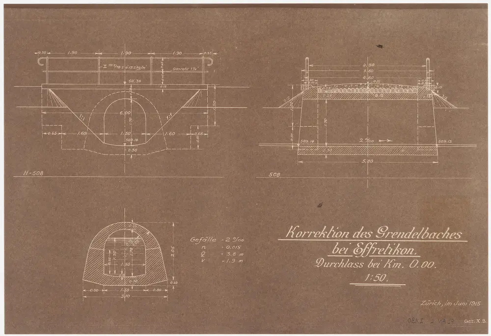 Illnau-Effretikon: Bei Effretikon, Grendelbachkorrektion, Durchlass; Längsschnit und Querschnitte