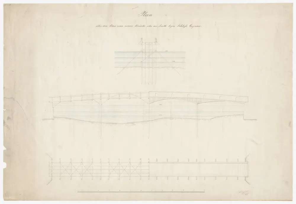 Tuggen SZ, Uznach SG: Projektierte Brücke über die Linth beim Schloss Grynau; Seitenansicht, Grundriss und Querschnitt