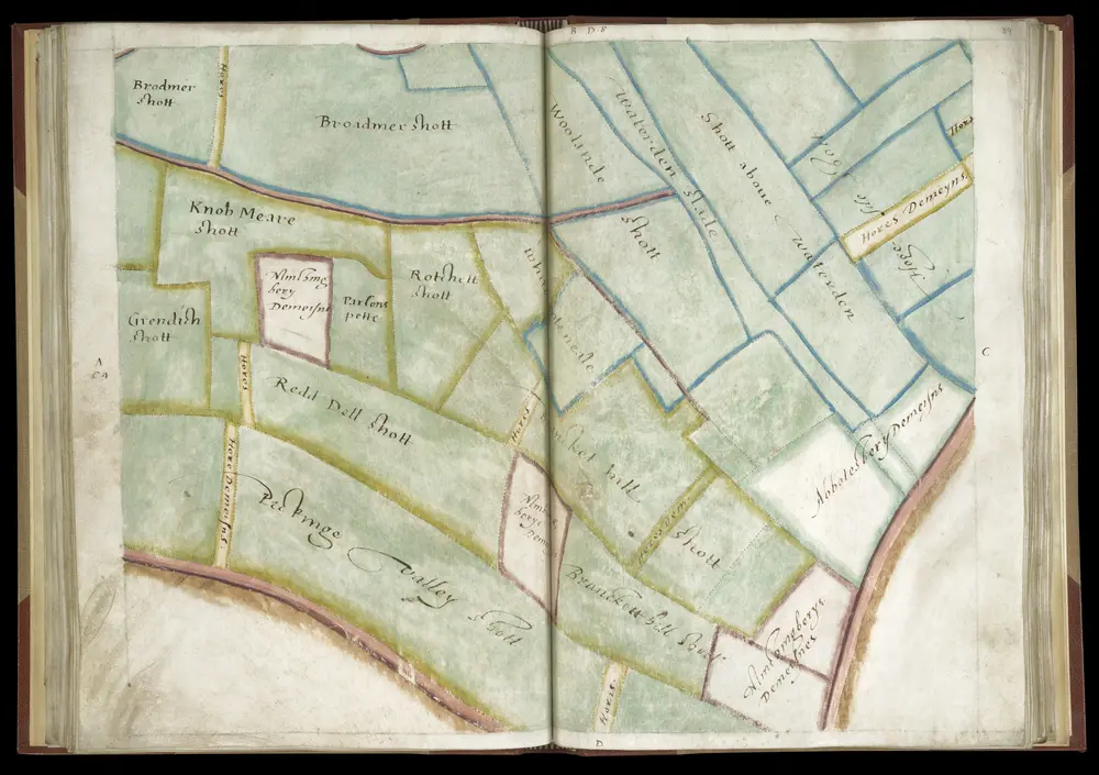 SURVEYS AND PERAMBULATION, WITH PLANS, BY JOHN NORDEN, of the manors of Mincingbury, Abbotsbury and Hoares, in Barley, co. Hertf. made for Sir John Spencer, Lord of the Manors; 1603. f. 39