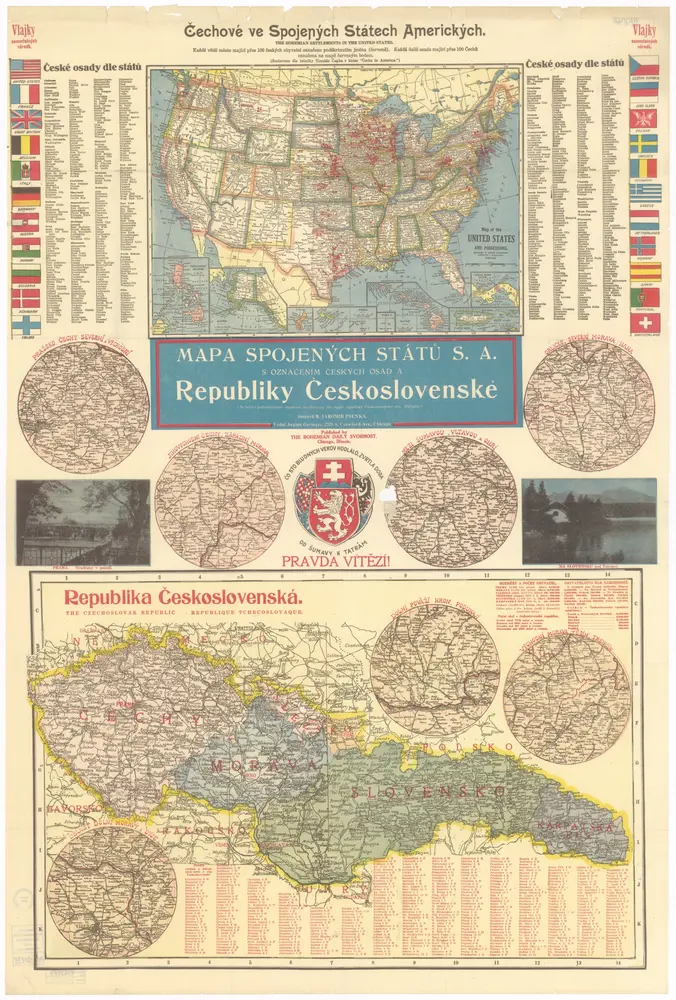 Mapa Spojených států S. A. s označením českých osad a Republiky československé