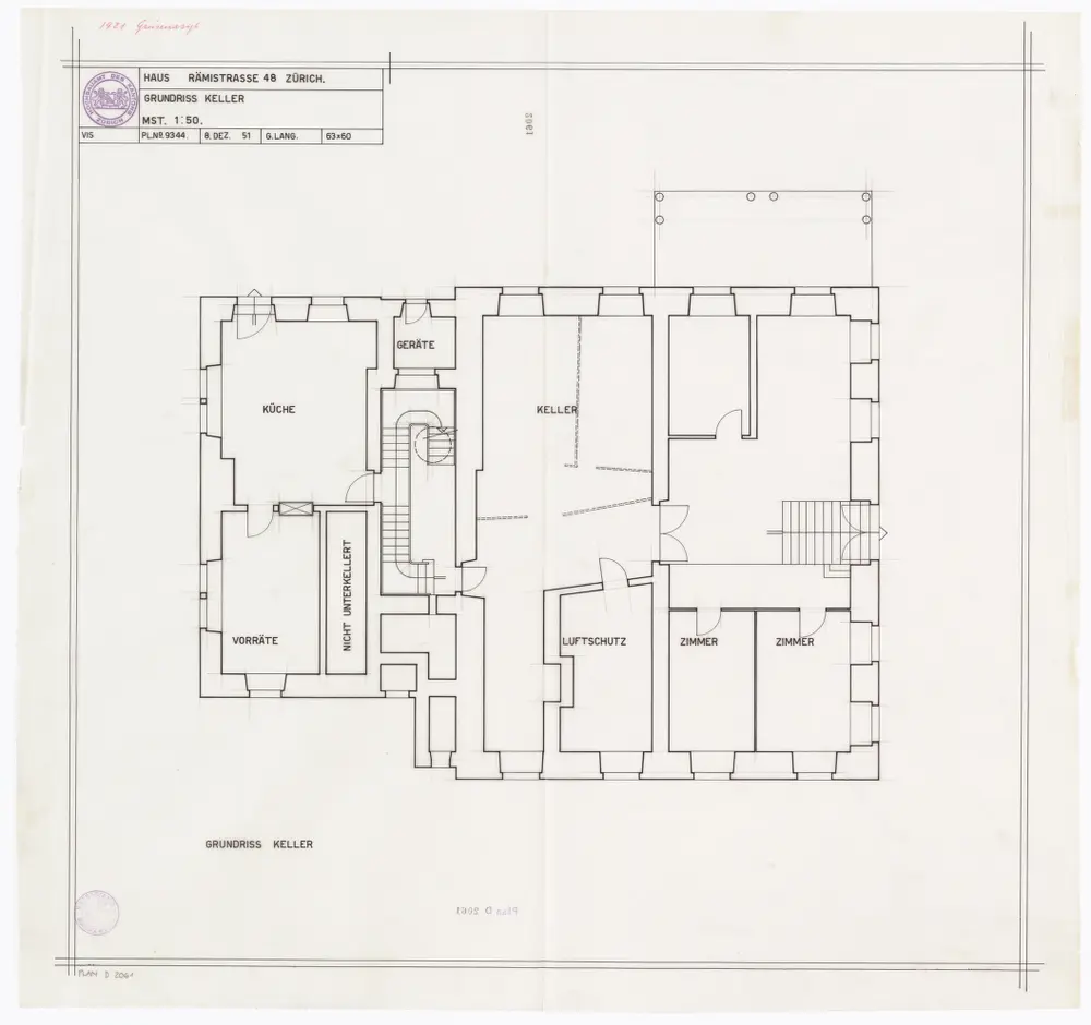 Haus Rämistrasse 48: Keller; Grundriss