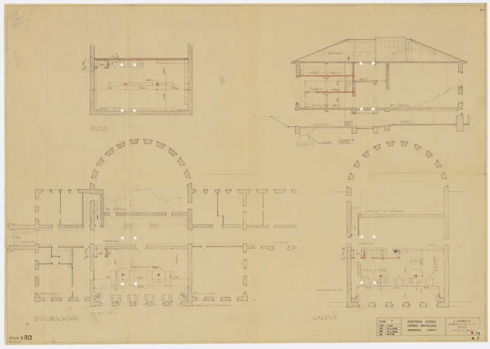 Zürich: Universität, Anatomie, Umbau der Sammlung; Grundrisse und Schnitt