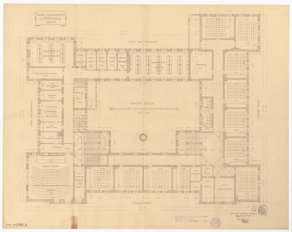 Universität Zürich (Chemisches Institut) und Kantonsschule Zürich, Neubau Rämistrasse 76: Ansichten, Grundriss und Schnitte: 1. Stock; Grundriss