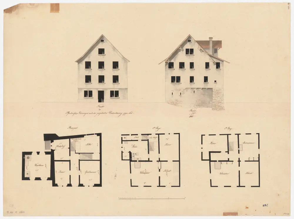 Grüningen: Pfarrhaus nach der Umänderung; Grundrisse des Erdgeschosses, des 1. und 2. Stocks und Nord- und Südansichten (Nr. 13)