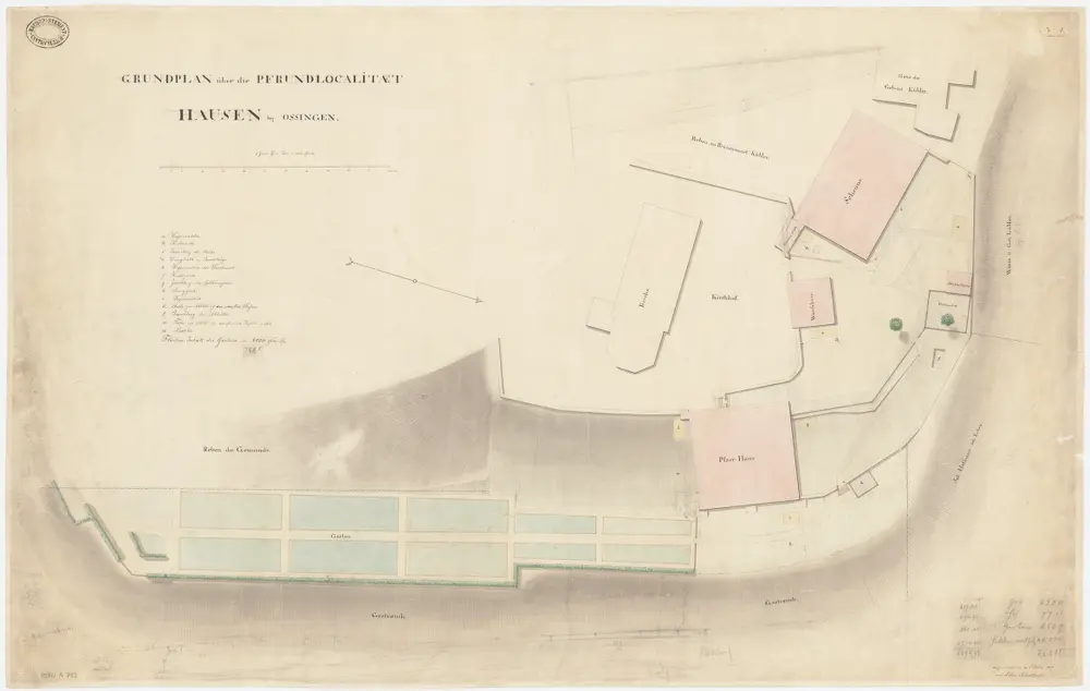 Ossingen: Pfrundlokalität mit Kirche, Pfarrhaus und Umgebung; Grundriss (Nr. 1)