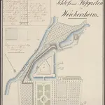 HZAN GA 100_Nr. 418_ : Weikersheim; "Situationsplan von dem fürstlichen Schloss und Hofgarten Weikersheim";Geometer Schwab, Wildentierbach;30 Ruten = 13,8 cm [40 cm = 1 km];43,5 x 64,5 cm; Norden oben nach links;Papier; Federzeichnung; Gewässer, Park und Gebäude (Plan); links oben Berechnung des Meßgehalts.