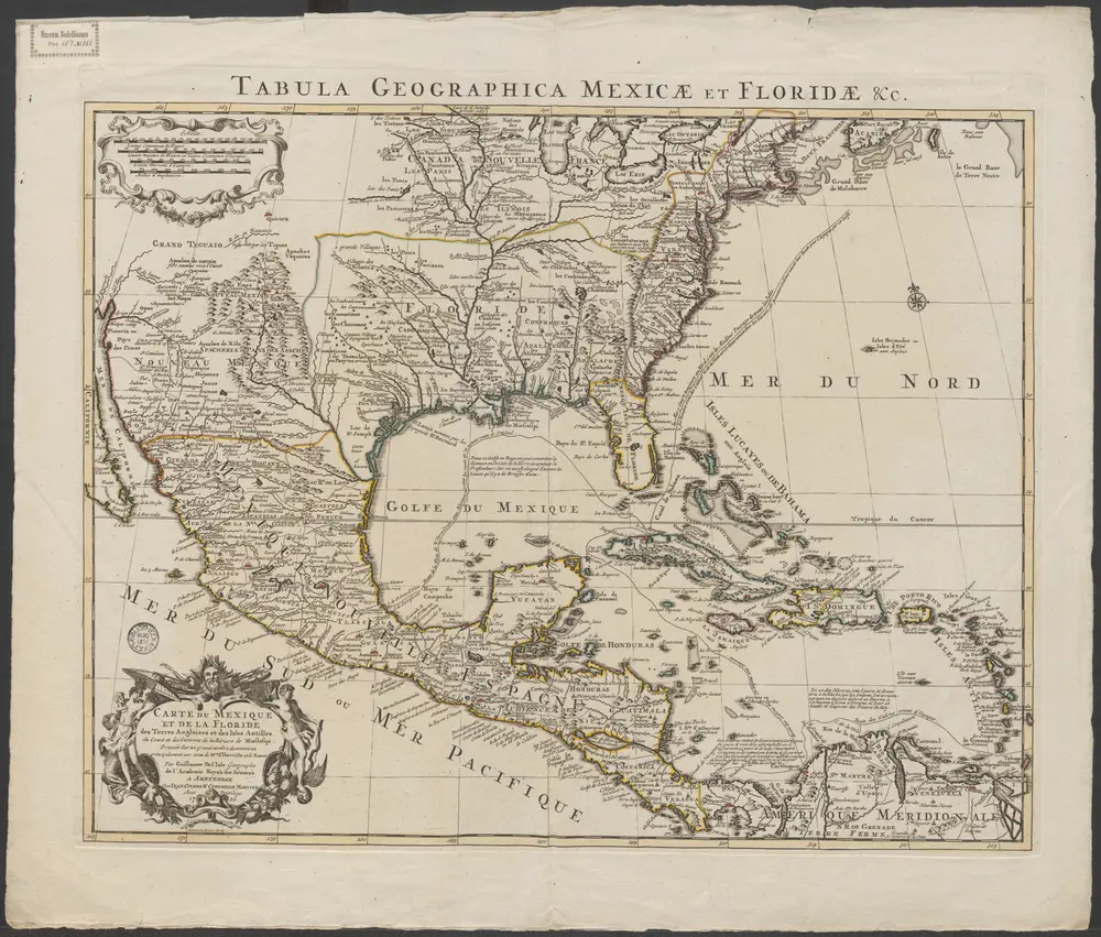 Carte du Mexique et de la Floride des Terres Angloises et des Isles Antilles du cours et des environs de la riviere de Mississipi / dressée sur un grand nombre de memoires principalement sur ceux de Mrs. d'Iberville et le Sueur par Guillaume De l'Isle geographe de l'Academie Royale des Sciences ; I. Stemmers Senior sculp