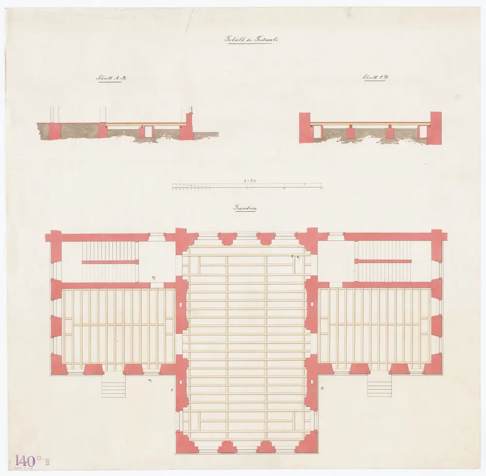 Irrenanstalt Burghölzli: Festsaal, Gebälk; Grundriss und Schnitte