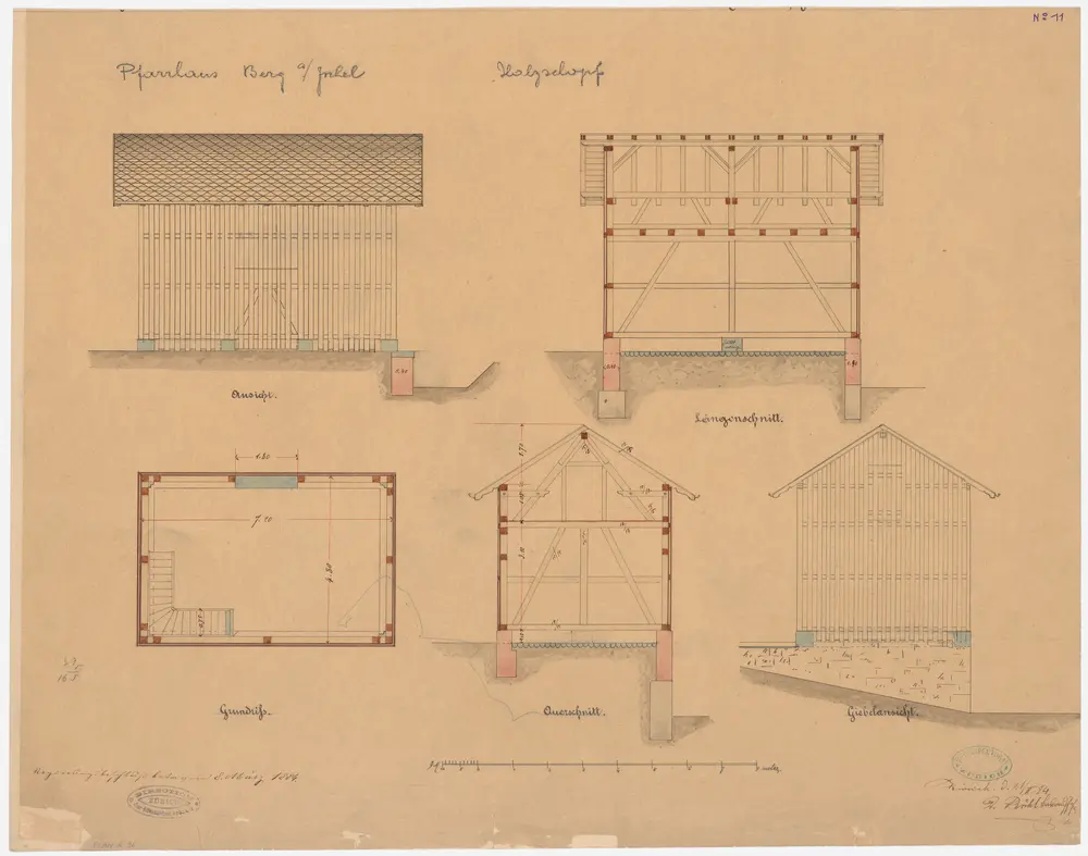 Berg am Irchel: Holzschuppen des Pfarrhauses; Grundriss, Ansichten, Längs- und Querschnitt (Nr. 11)