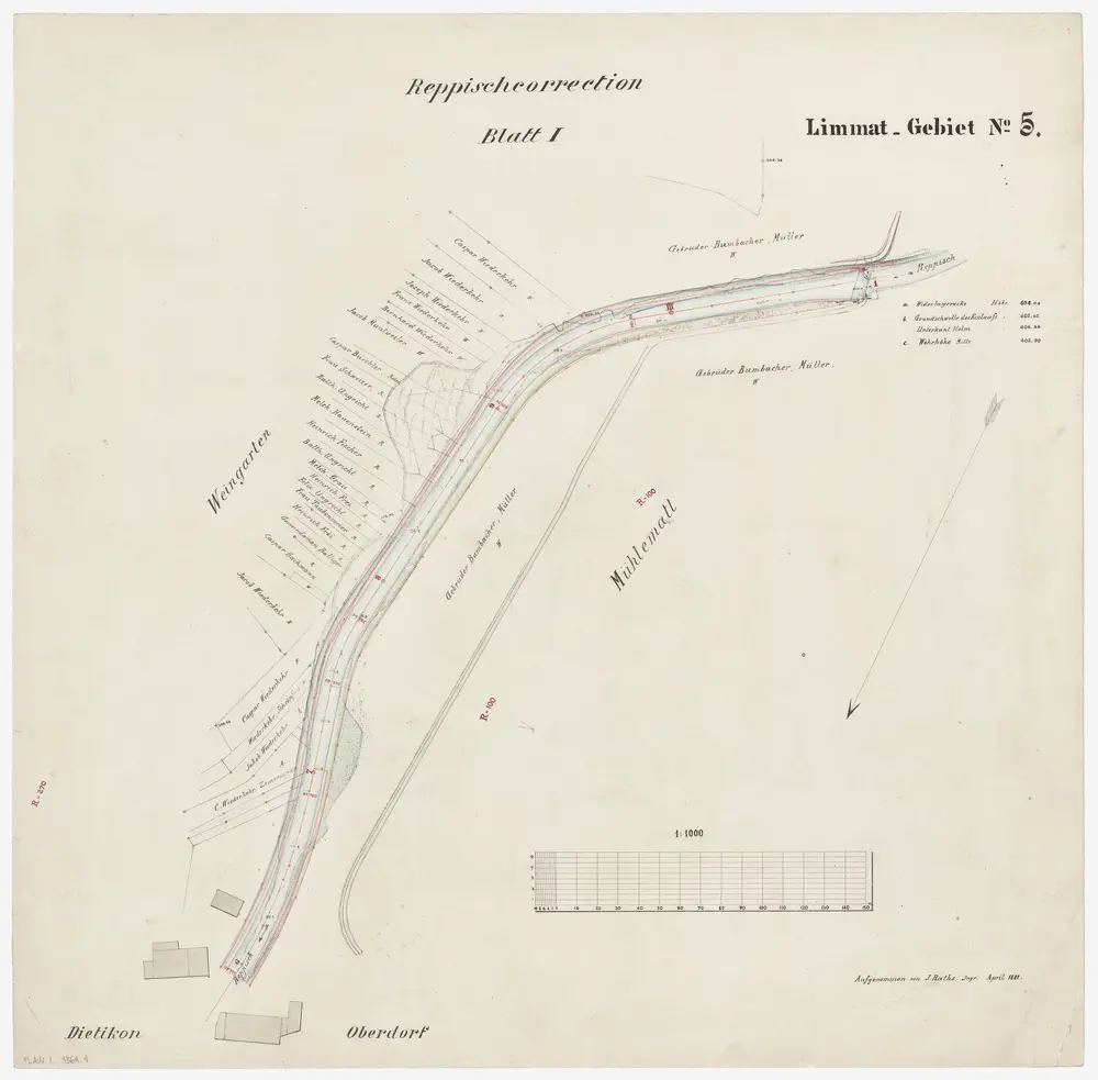 Dietikon: Vom Wehr des Mühlekanals Oberdorf bis oberhalb der Eisenbahnbrücke, Reppischkorrektion: Blatt 1: Reppischkorrektion; Situationsplan (Limmat-Gebiet Nr. 5)