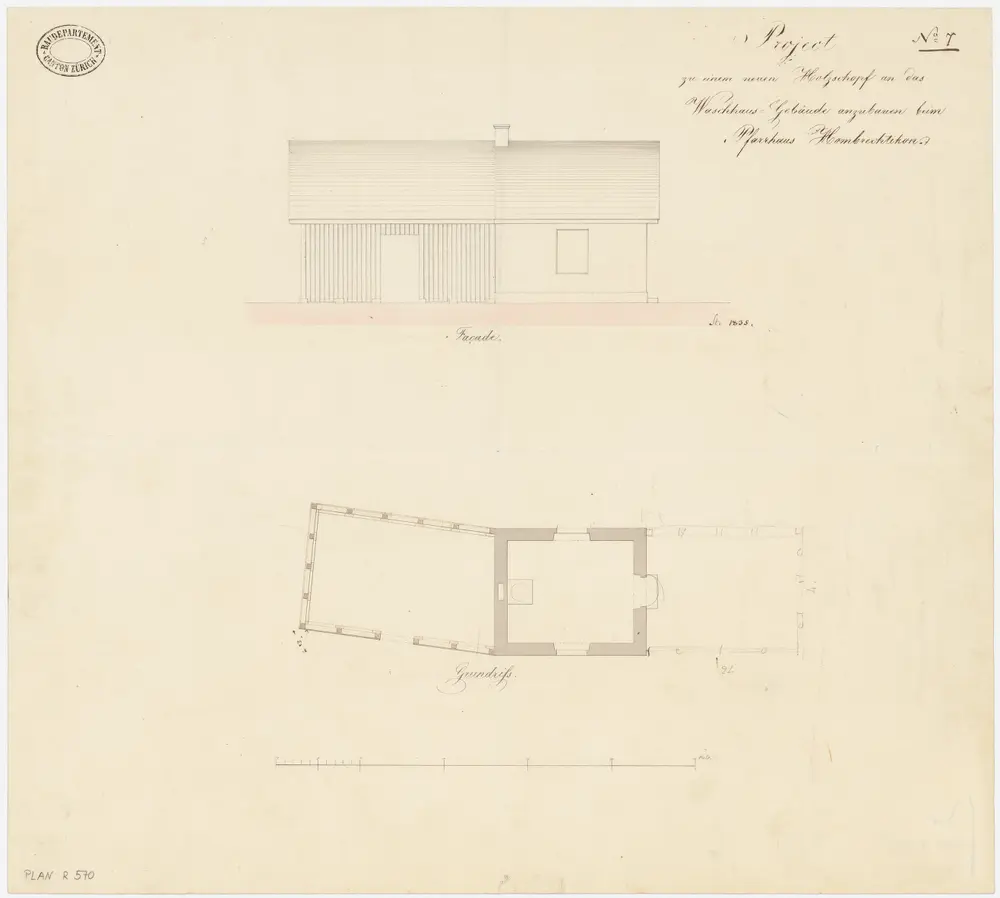 Hombrechtikon: Waschhaus und neu projektierter Holzschuppen; Ansicht und Grundriss (Nr. 7)