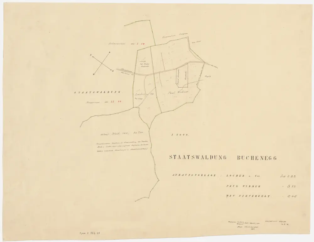 Stallikon, Adliswil, Aeugst am Albis, Langnau am Albis: Staatswaldung Buechenegg: Langnau am Albis: Zum Ankauf vorgesehene, an die Staatswaldung Buechenegg stossende Parzellen von Paul Widmer, Dav. Nievergelt und der Firma Locher und Cie.; Grundriss