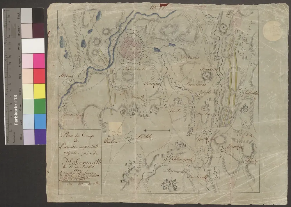 HZAN GA 100_Nr. 787_ : Hohemaut; "Plan du Camp de l'Armée royale près de Hohemaut, le 12. Juli 1758";ohne Verfasser;1.500 Schritt = 4,2 cm;30 x 27,5 cm;Kartenrand: Hohemaut; Statma-Lanowiezeck; Strzemeschitz-Daubrawitz; Suchahota-Brzidik;Papier; Federzeichnung mit Schraffen; Siedlungen und Gewässer in Wasserfarben; Truppenstellungen eingezeichnet.