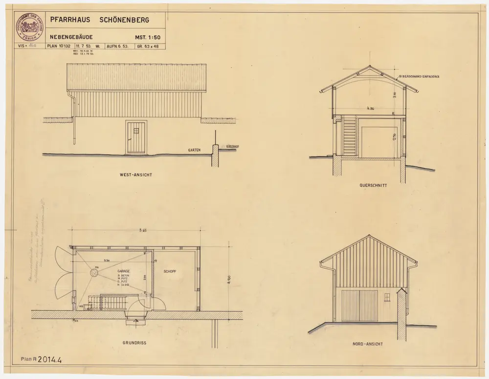 Schönenberg: Pfarrhaus und Nebengebäude: Nebengebäude; Grundriss, Querschnitt, Nord- und Westansichten