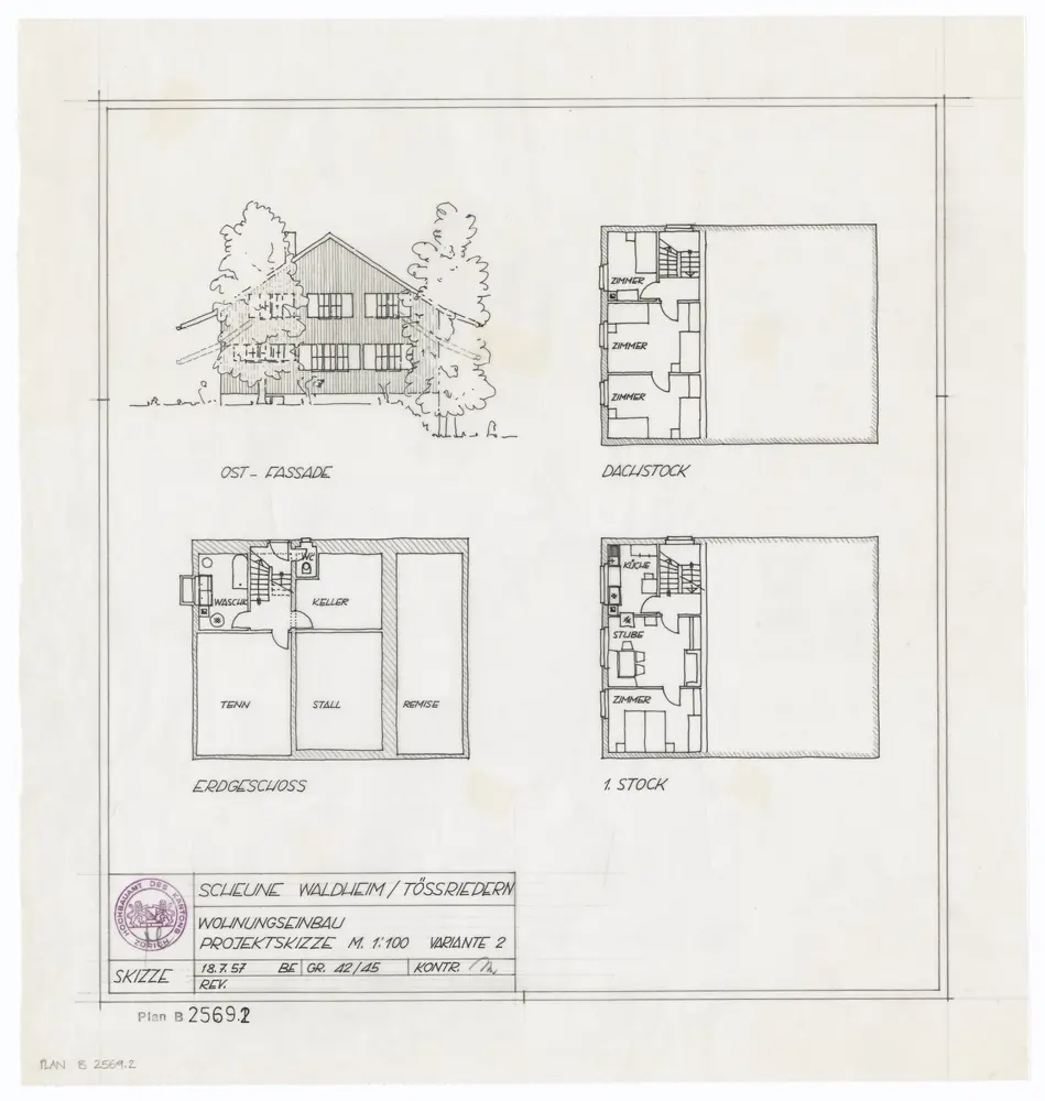 Eglisau: Forsthaus Waldheim in Tössriederen, projektierter Wohnungseinbau: Variante 2, Ostfassade, Erdgeschoss, 1. Stock und Dachstock; Ansicht und Grundrisse