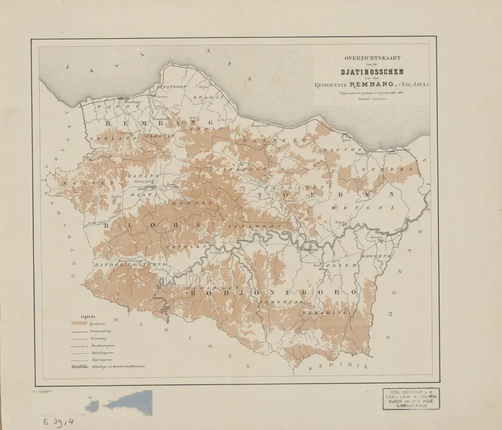 Overzichtskaart van de djatibosschen in de Residentie Rembang (Eil. Java) : volgens opname gedaan in de jaren 1861-1863