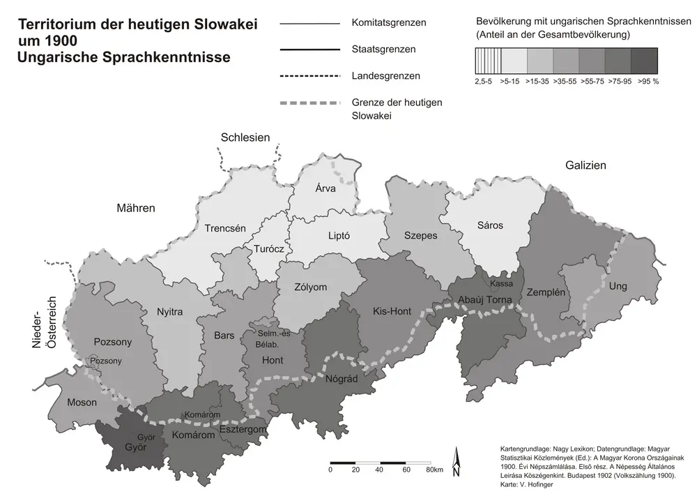 Territorium der heutigen Slowakei um 1900. Ungarische Sprachkenntnisse