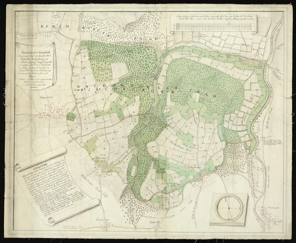 HZAN GA 100_Nr. 57_ : Döttingen (Kr. Schwäbisch Hall); "Geometrischer Grundriß ... des Hohenlohe-Waldenburger Jagdbezirks"; 1783, Aufriß 1784;Johann Heinrich Wagner, copiert Rösch;250 Dezimalruten = 28 cm;102 x 85 cm; Norden oben;Dargestellte Orte: Döttingen-Eschental-Goggenbach-Rückertshausen-Braunsbach-Reisighof-Braunoldswiesen;Papier auf Leinwand; Federzeichnung;Wald, Grundstücke, Siedlungen und Gewässer in Wasserfarben; Erklärung in Kartuschen.