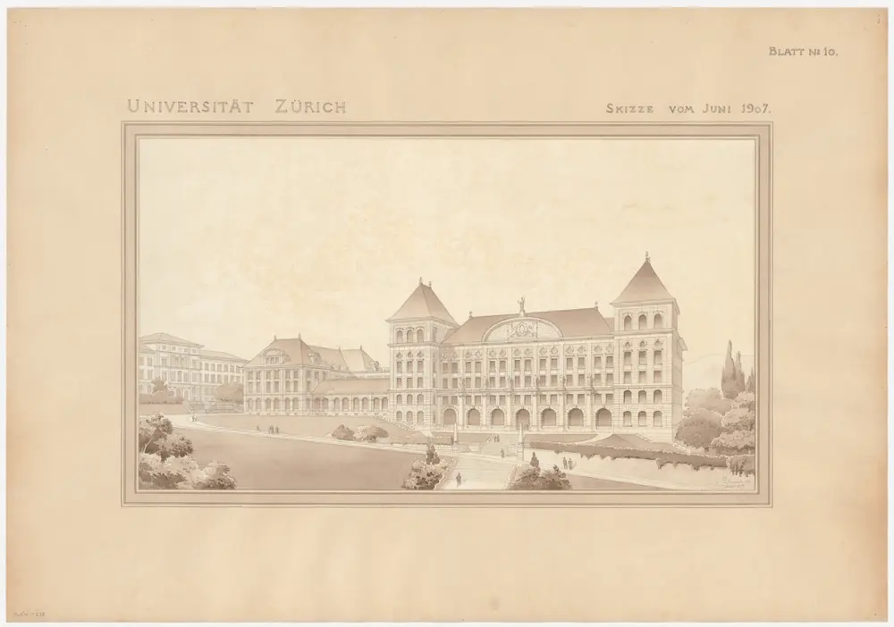 Zürich: Universität, Kollegienhaus und Zoologisches Institut; Westfassade; Schaubild