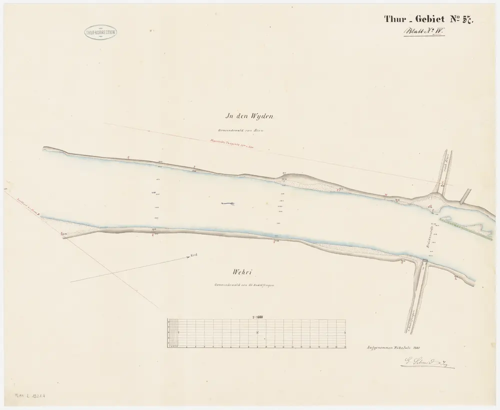 Andelfingen (damals Grossandelfingen), Kleinandelfingen, Flaach: Thur von oberhalb der Andelfinger Eisenbahnbrücke bis zur Einmündung in den Rhein, Thurkorrektion: Blatt IV: Andelfingen (damals Grossandelfingen), Kleinandelfingen: In den Wyden, Wehri, Thurkorrektion; Situationsplan (Thur-Gebiet Nr. 57)