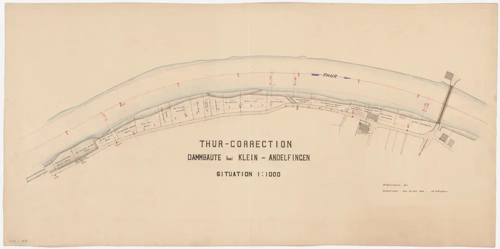 Kleinandelfingen: Von oberhalb bis unterhalb der gedeckten Brücke, Thurkorrektion, Dammbaute; Situationsplan