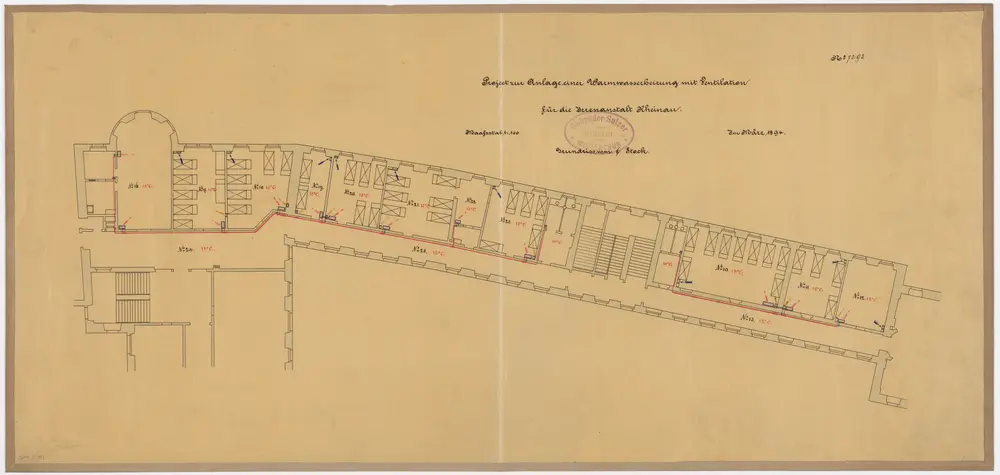 Pflegeanstalt Rheinau: Projektierte Warmwasserheizung mit Ventilation, 2. Stock; Grundriss