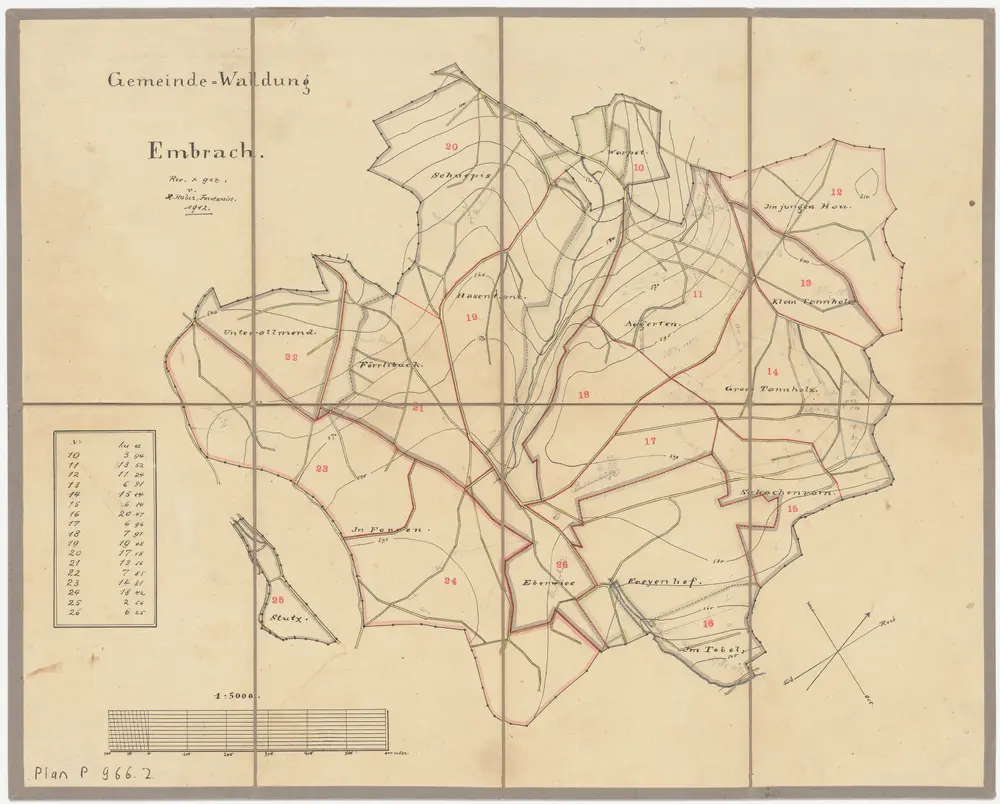 Embrach: Gemeindewaldungen: Schuepis, Warpel, Ägerten, Im jungen Hau, Tannholz, Schachenrain, Tobel, Freienhof (Freyenhof), Hasentanz, Förlibuck (Förrlibuck), Foren (Forren), Ober- und Unteralmet (Allmend), Eberwisen (Eberwies), Stutz; Grundrisse