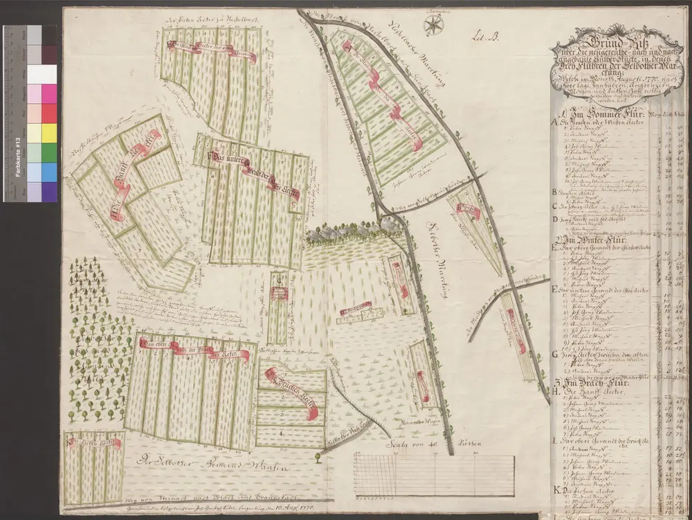 HZAN GA 100_Nr. 381_ : Söllbot (Kr. Crailsheim); "Grundriß über die Neugereute ... in den drei Fluren der Söllboter Markung";"gemessen und in Riß gebracht von Johann Christoph Rübel, Langenburg"40 Ruten = 18,5 cm;72,5 x 58 cm; Norden oben nach rechts;Papier auf Leinwand; Wasserfarben; Hervorhebung der einzelnen Flurteile; am Rand Verzeichnis der Grundstücke (Flurnamen und Größe).