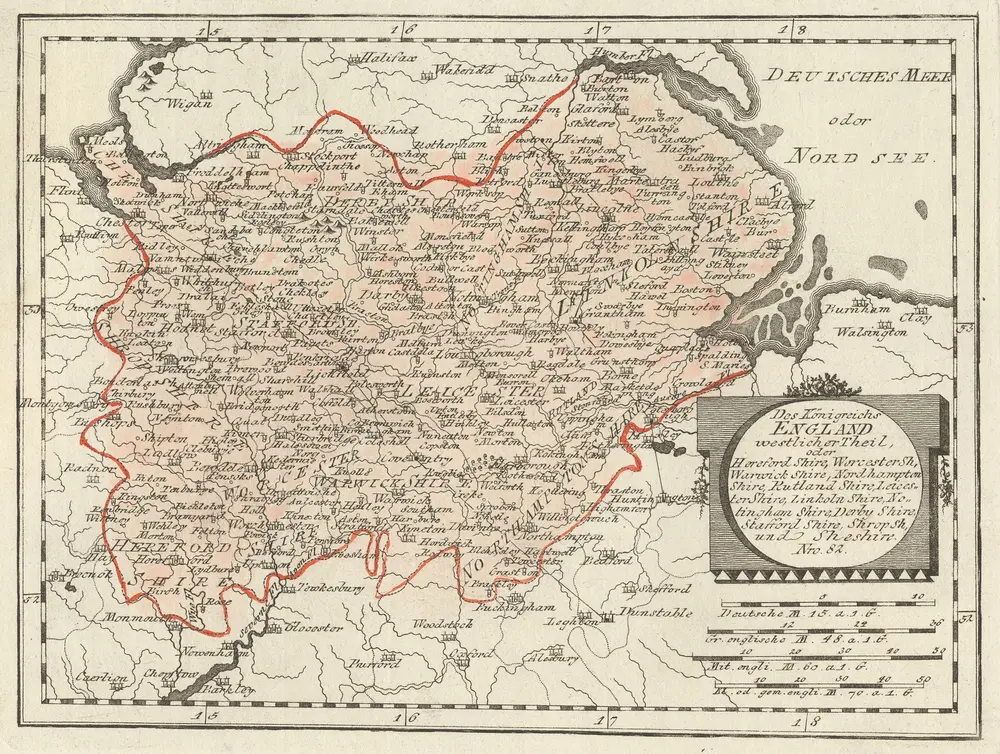 Des Königreichs England westlicher Theil, oder Hereford Shire, Worcester Sh, Warwick Shire, Nordhampton Shire, Rutland Shire [...] Nro. 82. [Karte], in: Schauplatz Der Fünf Theile Der Welt, S. 182.