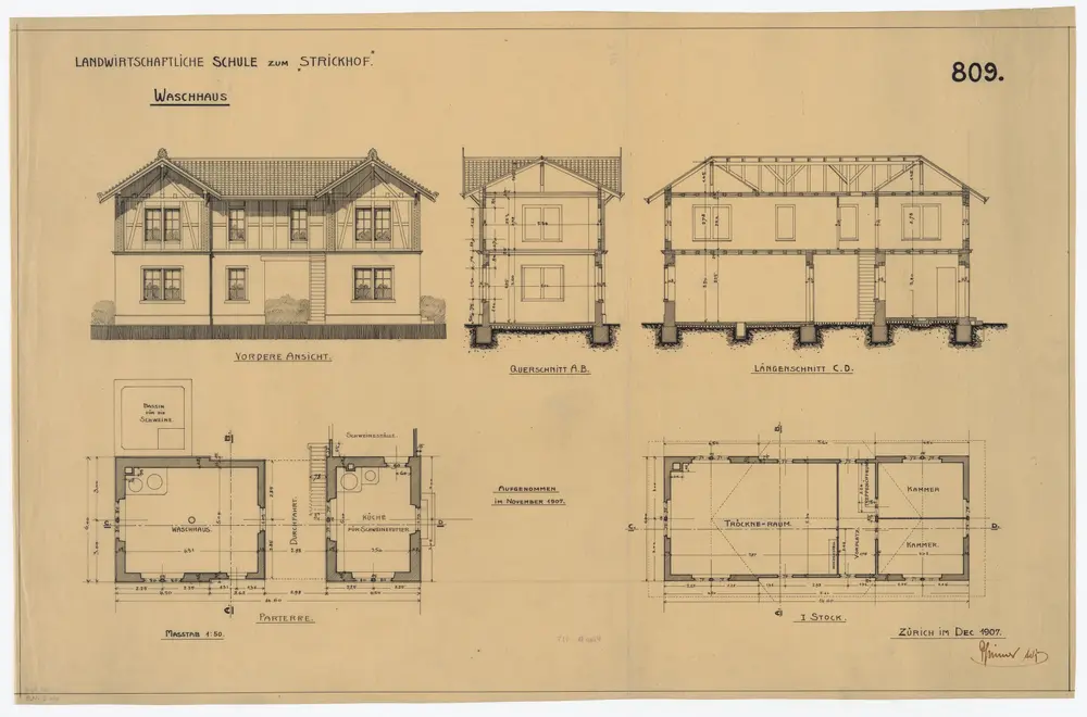 Landwirtschaftliche Schule Strickhof, Waschhaus: Ansicht, Grundrisse und Schnitte