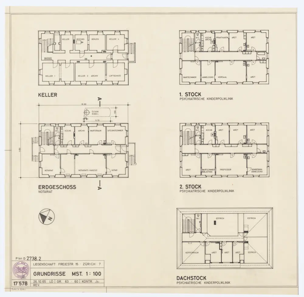 Haus Freiestrasse 15: Ansichten, Grundrisse und Schnitt: Grundrisse