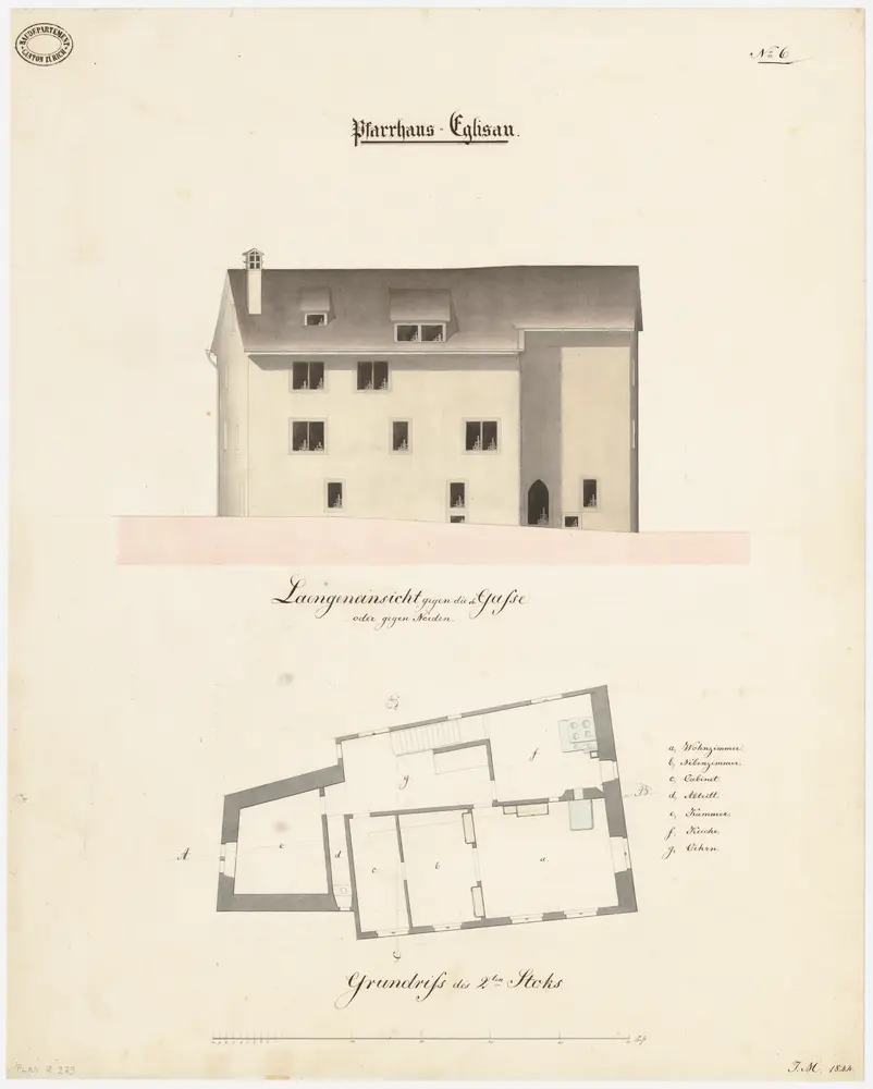 Eglisau: Pfarrhaus; Nordansicht und Grundriss des 2. Stocks (Nr. 6)