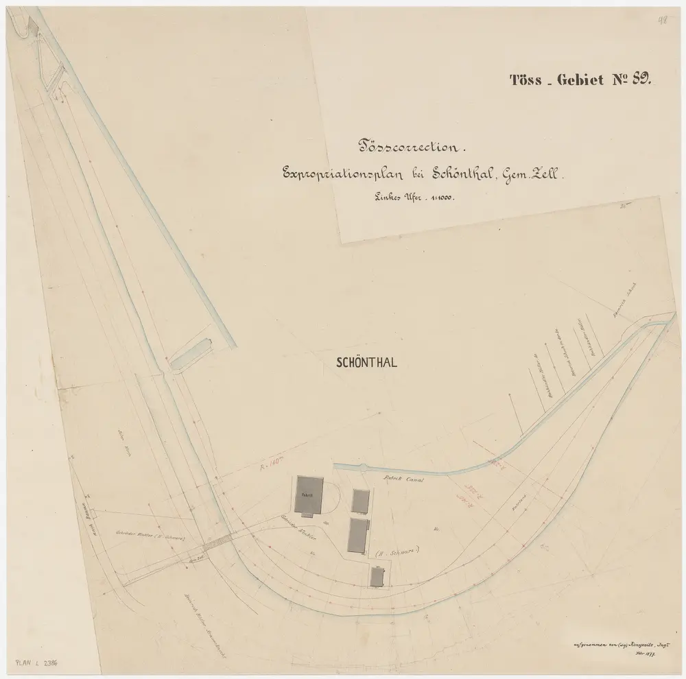 Zell: Bei Schöntal, Expropriationen der Tösskorrektion, linkes Ufer; Situationsplan (Töss-Gebiet Nr. 89)