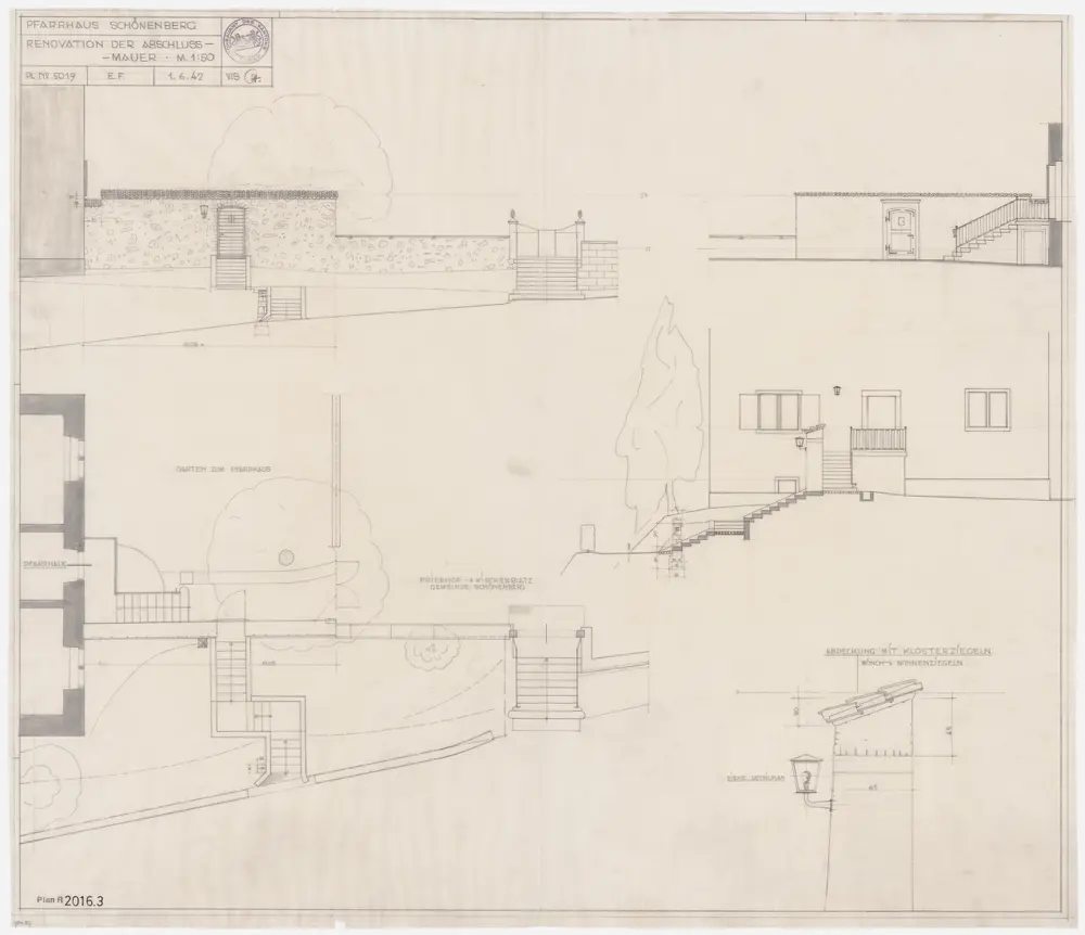 Schönenberg: Pfarrhaus, Gartenstützmauer: Renovation der Abschlussmauer; Grundriss und Ansichten