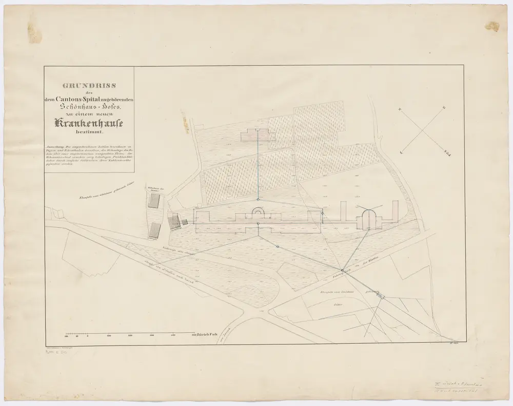 Fluntern: Zum Kantonsspital Zürich gehörender Schönhaus-Hof, mit projektiertem Krankenhaus; Grundriss