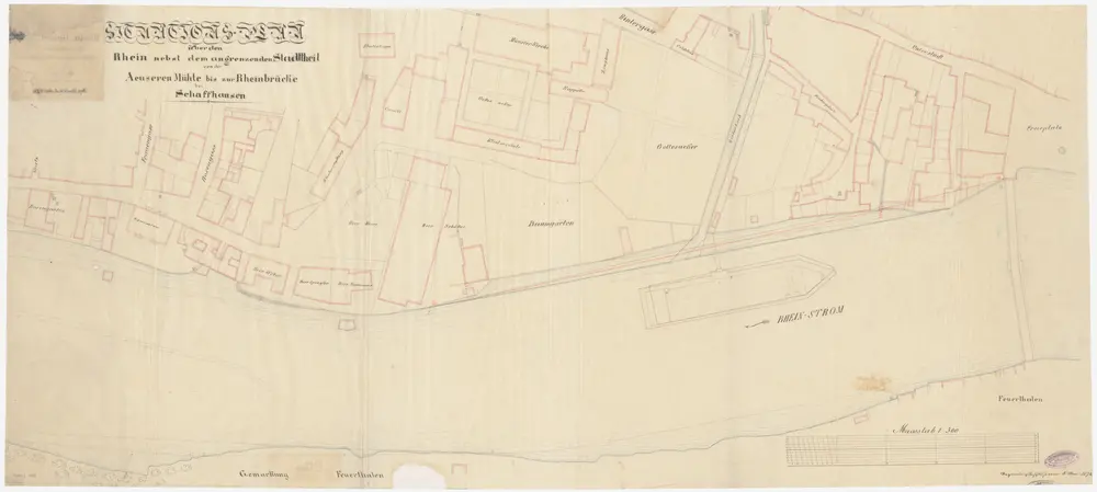 Feuerthalen, Schaffhausen: Rhein von der Rheinbrücke in Schaffhausen bis oberhalb der oberen Mühle, erster, oberer Teil; Situationsplan (Rhein-Gebiet Nr. 20 a)