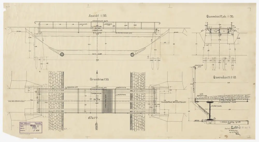Dübendorf bis Glattfelden: Brücken über die Glatt: Rümlang: Brücke über die Glatt in der Rohwiesen; Ansicht, Grundriss und Querschnitte