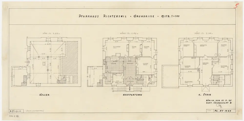 Richterswil: Pfarrhaus, Keller, 1. und 2. Stock; Grundrisse (Nr. 5)