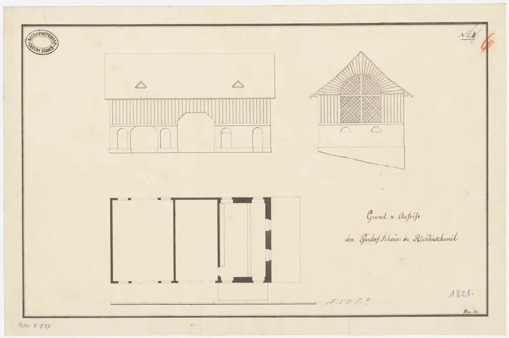 Richterswil: Pfarrscheune; Grundriss und Ansichten (Nr. 4)