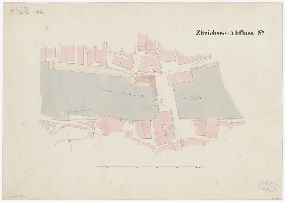 Zürich: Unterhalb der Gemüsebrücke, projektierte Hauptwache und flussabwärts liegende Uferanlage bis zur Rosengasse; Situationsplan (Zürichsee-Abfluss Nr. 8)