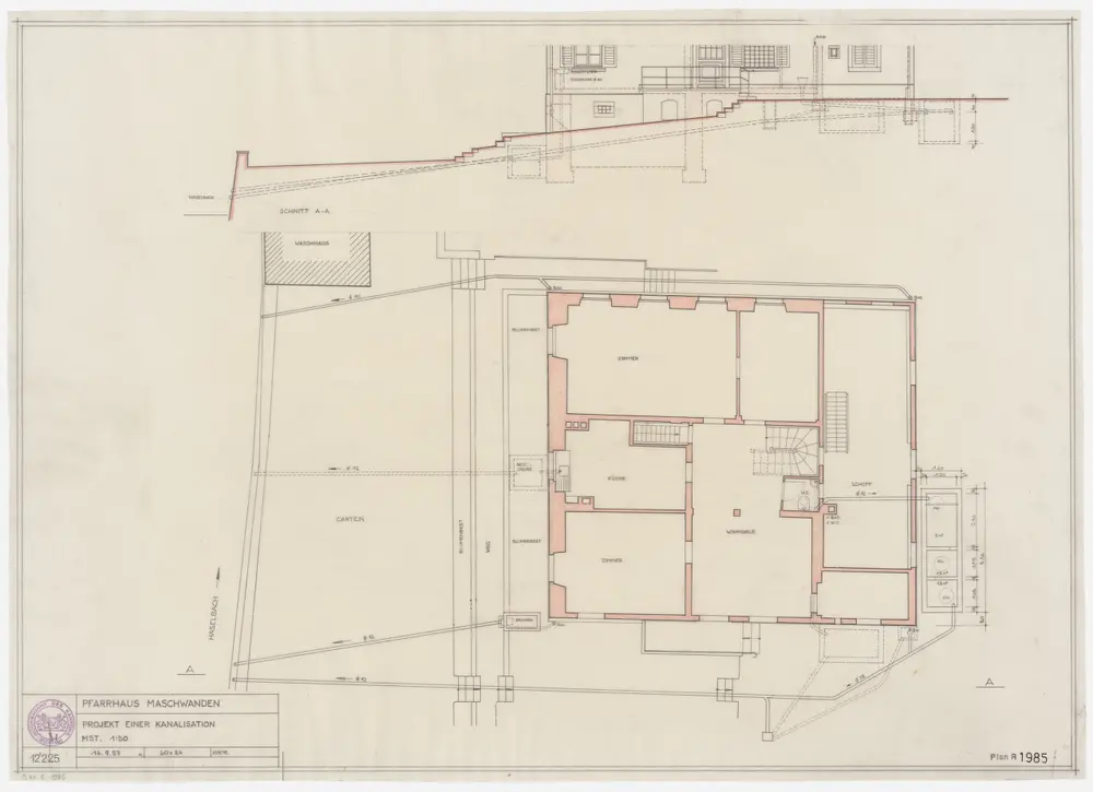 Maschwanden: Pfarrhaus, Erdgeschoss, projektierte Kanalisation; Grundriss und Querschnitt