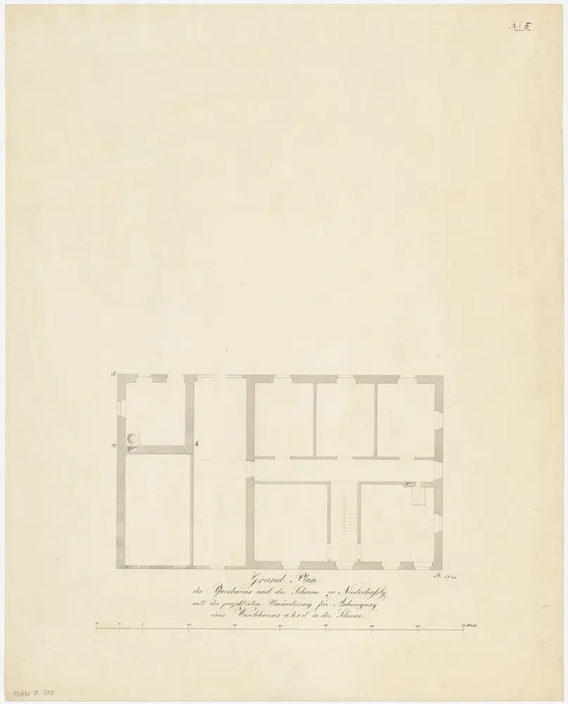 Niederhasli: Pfarrhaus, projektierter Einbau eines Waschhauses in der angebauten Scheune; Grundriss (Nr. 5)