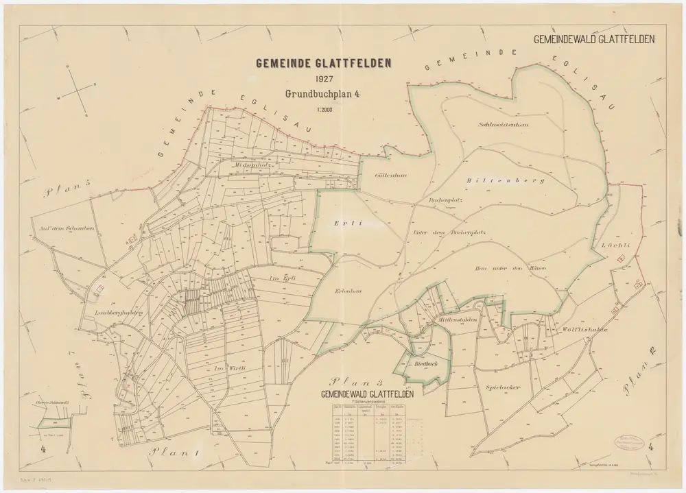 Glattfelden: Gemeindewaldung: Gemeindewaldungen im nordöstlichen Teil der Gemeinde sowie beim Oberschwendli (Oberes Schwendli); Grundrisse