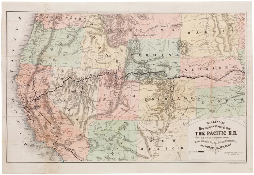 Williams New Trans-Continental Map of The Pacific R.R. and Routes of Overland Travel To Colorado, Nebraska, The Black Hills, Utah, Idaho, Nevada, Montana California and the Pacific Coast