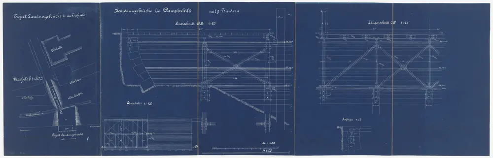 Zürich: Rechtes Zürichseeufer bei der Tonhalle, projektierte Landungsbrücke für Dampfschiffe; Situationsplan, Grundriss, Querschnitt und Längsschnitt (Zürichsee-Gebiet Nr. 9)