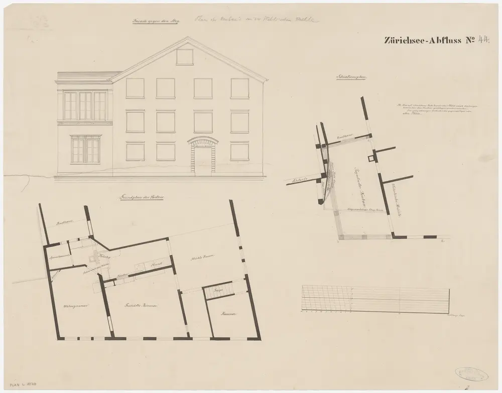 Zürich: Oberer Mühlesteg, projektierter Neubau der Mühle Wehrli; Situationsplan, Grundriss und Ansicht (Zürichsee-Abfluss Nr. 44)