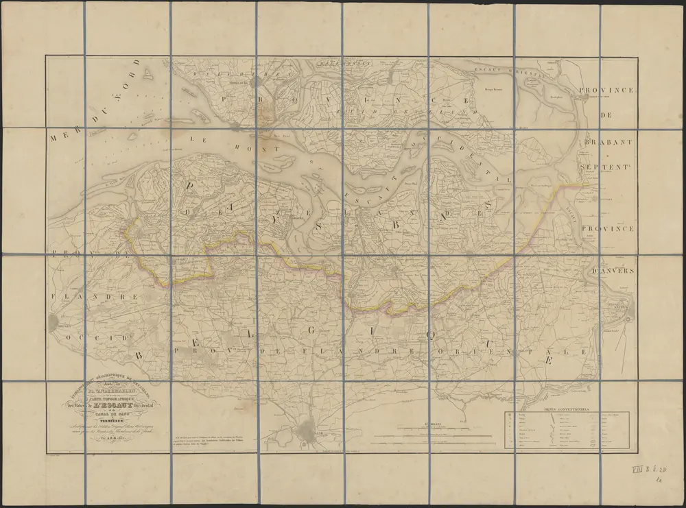 Carte topographique des rives de l'Escaut Occidental et du Canal de Gand à Terneuzen, indiquant les poldres, digues, écluses, waterinques ainsi que les limites des Flandres et de la Zélande