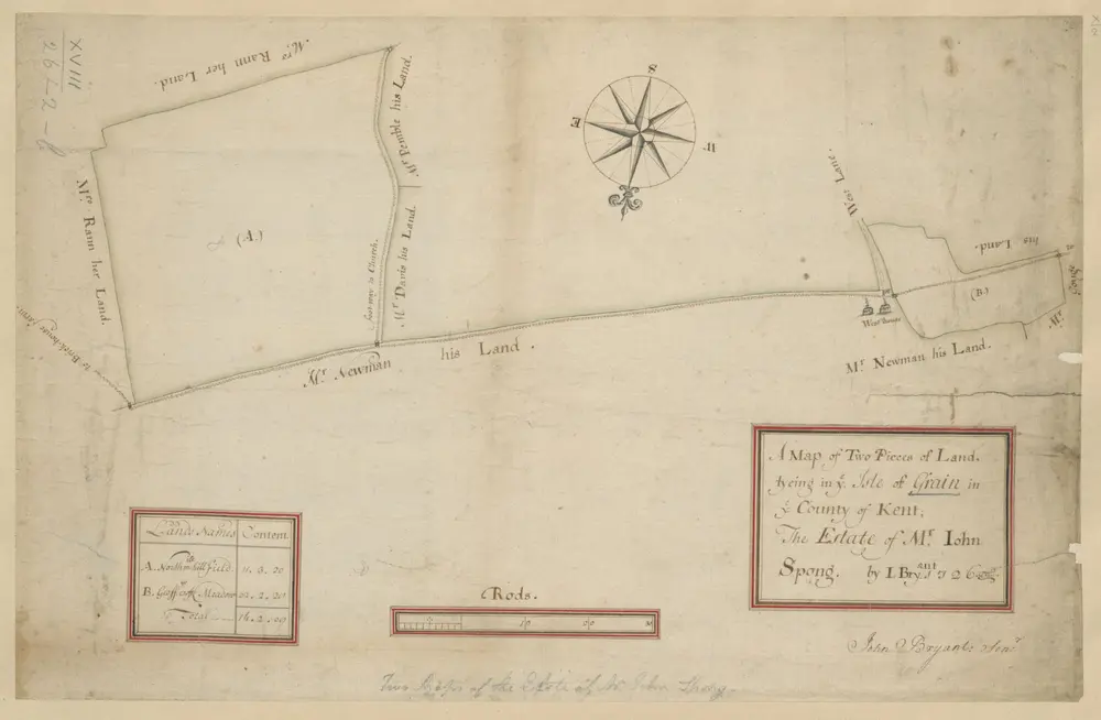 A Map of Two Pieces of Land, lyeing in ye. Isle of Grain in ye County of Kent; The Estate of Mr. Iohn Spong.