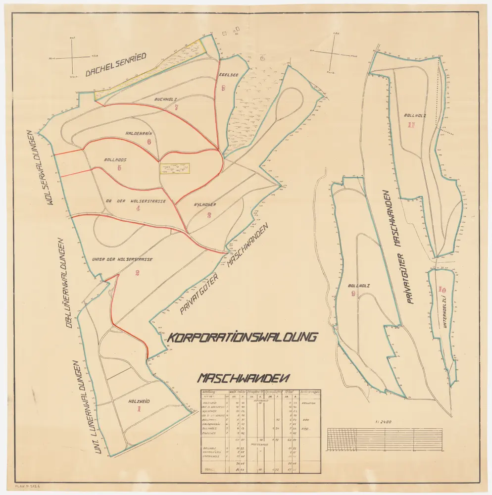 Maschwanden: Gemeinde- und Genossenschaftswaldungen: Genossenschaftswaldungen Holzweid, Wolsermatten, Bollmoos, Wilhoger (Wylhoger), Haldenrain, Buchholz, Ägelsee (Egelsee), Boll, Unterholz; Grundrisse