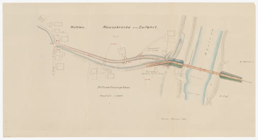 Mühlau AG: Projektierte Brücke über die Reuss mit Zufahrt; Situationsplan
